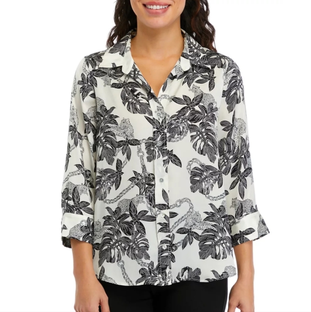 S2 Catherine Malandrino Long Sleeve Collared Button Down Leopard Exotic Shirt L
